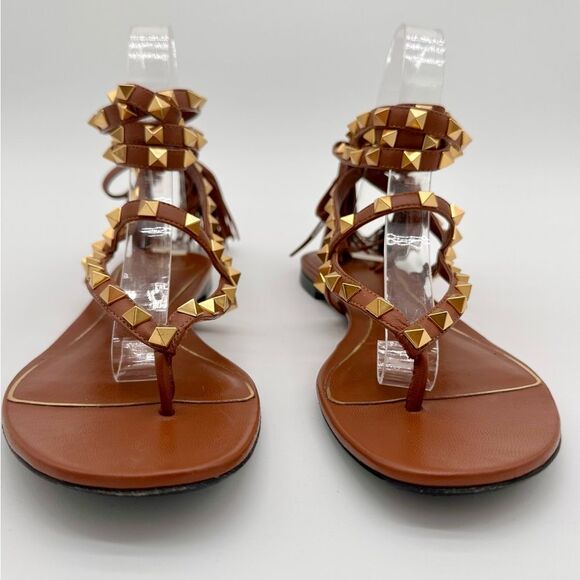 Valentino Garavani Rockstud Thong Sandals Brown Leather Gladiator Tie EU 38 US 8 - Picture 3 of 11